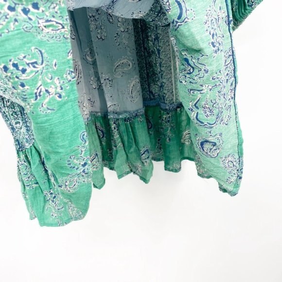 Angie Blue and Green Parsley Print w Balloon Sleeves & Lace detail S - Picture 7 of 10